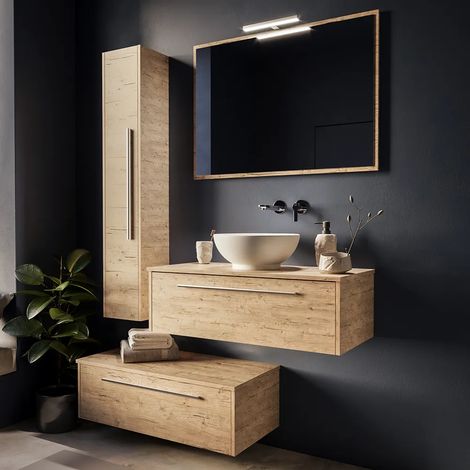 Mobile da Bagno Sospeso Modulare 100cm due Cassetti Rovere Naturale con Top e Specchio Inclusi Mod. Aoki