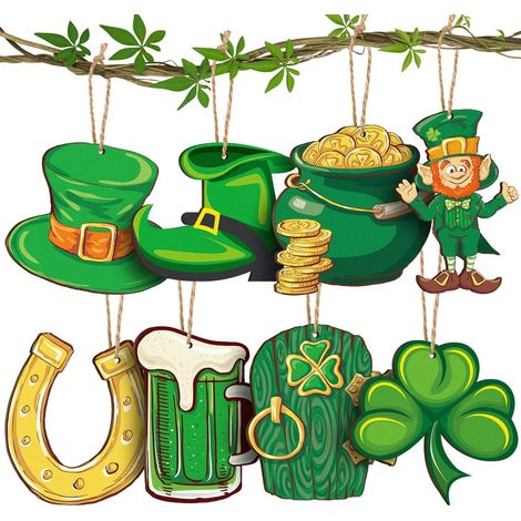 Décoration Murale Saint-Patrick - Ornement En Bois Plat - Trèfle Chapeau De Lutin Tonneau De Bière Fer à Cheval Marmite D'or Figure De Lutin - Lot De 6 (1/5)