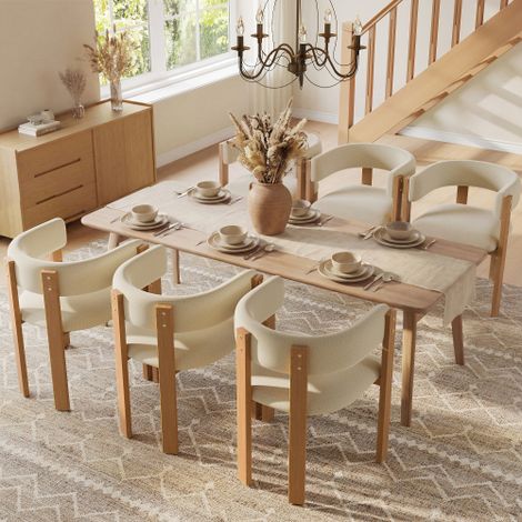 Lot de 6 chaises de salle à manger, en tissu flanelle et métal, avec dossier et pieds aspect bois, style moderne, beige (1/5)