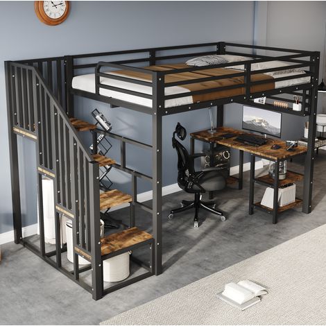 Lit mezzanine 120 x 200 cm avec bureau, intégré étagère de rangement,sommier à lattes métal et bois,Style industriel, noir (1/5)