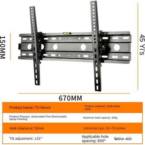 Support mural TV universel LED LCD, fixation réglable pour écran plat, installation facile, compatible téléviseurs 32 à 75 pouces (1/5)