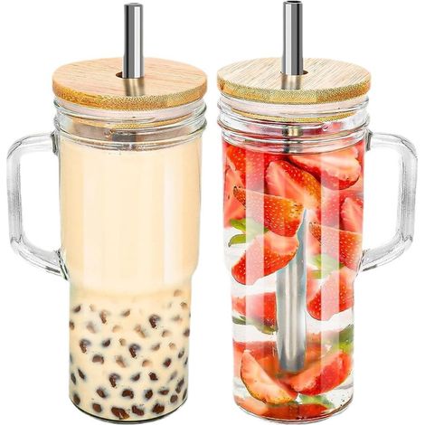 Verres en Verre avec Couvercles en Bambou et Pailles, Gobelets avec Poignée 24oz, Tasses Mason Réutilisables à Large Ouverture, Tumbler à Smoothie et Café Glacé pour Voyage (1/5)