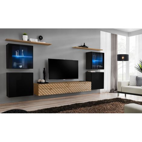 Ensemble de 7 meubles muraux "Switch XIV" pour TV en bois - Beige et Noir - L 320 x H 160 x P 40 cm - Livraison gratuite