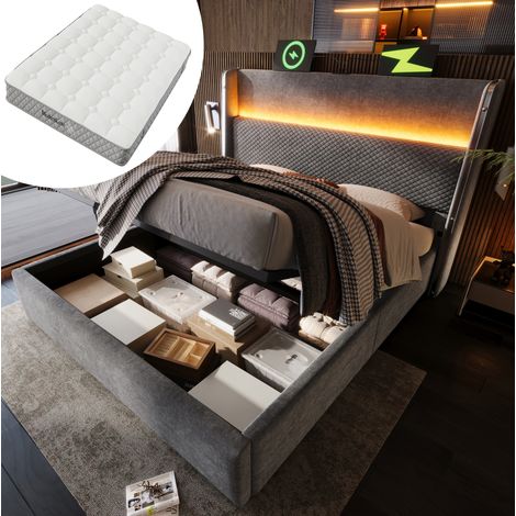 Cama con almacenamiento 140x200 cm de lino gris con LED, USB y colchón – MEUBLIV (1/5)