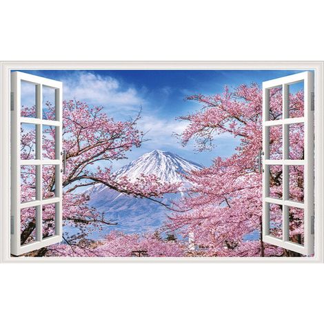 Pegatina de ventana de simulación de 43,5 x 70 cm: paisaje 3D de montaña nevada con flores de cerezo, decoración para sala de estar, dormitorio, hogar, paisaje. (1/4)