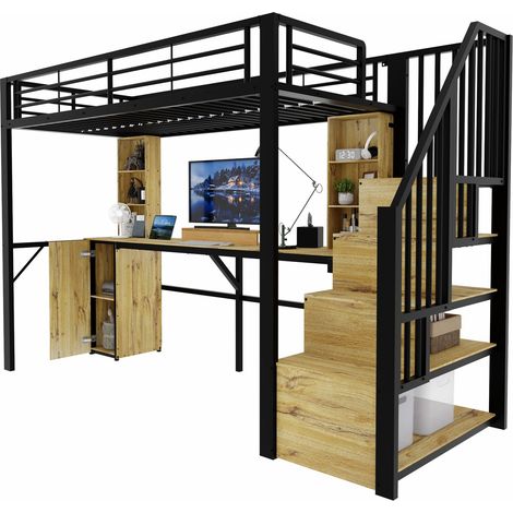 Letto a soppalco per bambini 90x200 cm in metallo nero con scrivania integrata FloraGrace (1/5)
