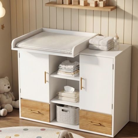 Table à Langer avec Rangement et Barrières Amovibles 114 x 53 x 92 cm, Commode Bébé Multifonction avec Étagères et 2 Tiroirs, Design Respectueux du Dos (Blanc et Bois) (1/5)