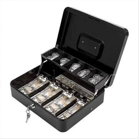 Coffre-fort de sécurité métallique verrouillable avec plateau à billets, multi-compartiments, portable et sécurisé pour la maison. (1/5)