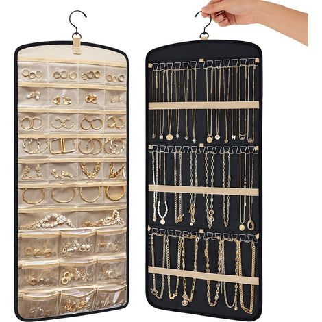 Organisateur de bijoux à suspendre - Grand rangement de bijoux double face - Avec crochet en métal rotatif à 360° - Pour porte, armoire, mur - Noir et kaki (1/5)