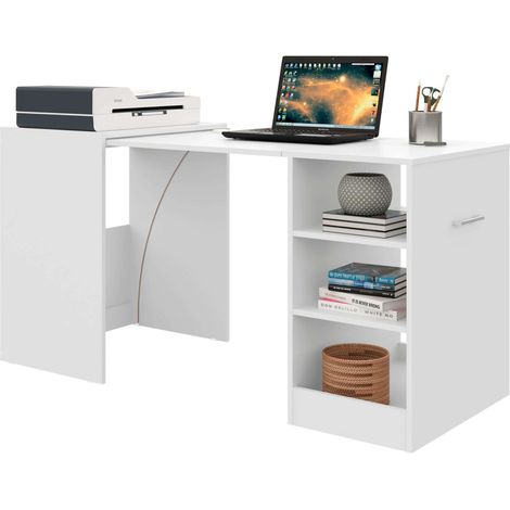 Bureau Ashe blanc mat avec 3 étagères escamotables en mélamine 149 x 76 x 63 cm (1/5)