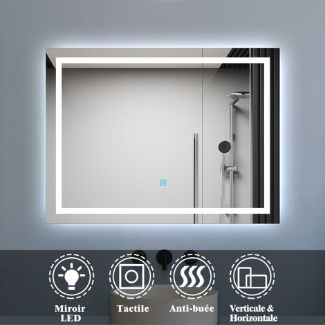 Miroir salle de bain led anti-buée, avec éclairage LED 80 x 60cm réversible IP44 commande par effleurement