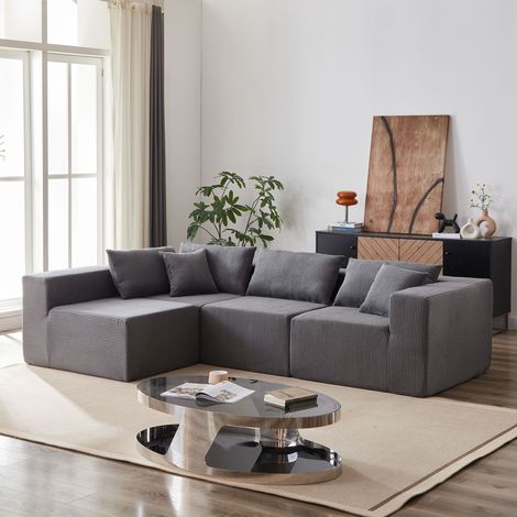 Canapé d’angle modulable compressé 4 places en L, 4 modules, sans montage, mousse et ressorts, assise large, velours côtelé gris pour salon (1/5)