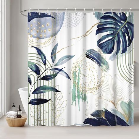 Cortina de ducha azul marino, 180x200 cm, estampado tropical bohemio de la selva con hojas de palmera, resistente al moho, impermeable y lavable (1/5)