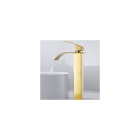 Grifo mezclador para lavabo con caño tipo cascada – Latón cromado – Altura 30 cm – Salida de agua ancha para evitar salpicaduras