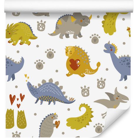 Papel pintado de dinosaurios con puntos y corazones para salón y dormitorio, 50x1000 cm. (1/5)