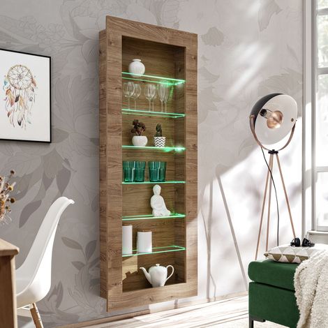 Armoire suspendue Como en chêne miel truffé – 6 étagères en verre – Éclairage LED multicolore – Pour salon et chambre