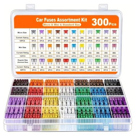 Kit de 300 fusibles pour voiture, comprenant 160 mini-fusibles, 90 fusibles standard, 50 micro-fusibles et 1 extracteur de fusibles. Alliage d'aluminium, couleurs assorties, non chargés. (1/5)