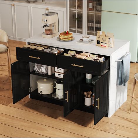 Kücheninsel 120/60/91 cm Schwarz mit Bartheke, Schubladen, Türen und USB-Anschlüssen (1/5)
