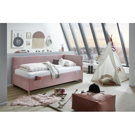 Meise Möbel Kinderbett Cool 90x200 cm  Polsterliege  Bettkasten & Lattenrost  Cordstoff Rose  Holzfuß eichefarbig (1/5)