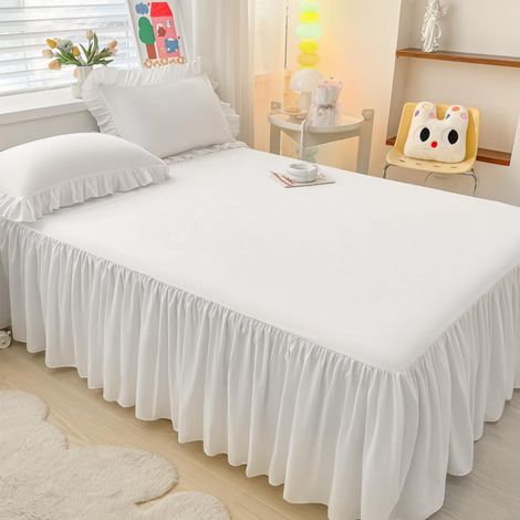 Betthusse 180x200 Bettrock, Elastische Bettwäsche mit Rüschen, Weiß Baumwolle Bed Skirt Umwickeln mit Elastischem Gürtel - 40 cm Rock – Schrumpffest und Farbecht