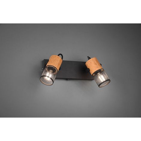Faretto Led E27 Barra 2 Spots Cilindri Gabbia Metallo Nero e Legno Tosh GD Trio