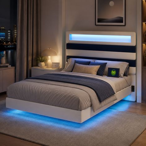 Lit 140x190 cm design flottant avec led, prise port usb, cadre de lit double avec tête de lit rembourrée réglable, velours, sans matelas, beige (1/5)