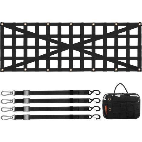 Filet de hayon 54x18 pouces, robuste pour benne de camion, 4 sangles télescopiques réglables, renforcé croisé, extensible et durable, adapté pick-up, remorque, Jeep, SUV. (1/5)