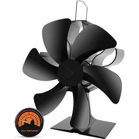 Ventilador de estufa de leña de 6 aspas, ventilador con termómetro, ventilador de chimenea accionado por calor para estufas de leña/chimenea/gas/troncos/pellets (negro) (1/4)