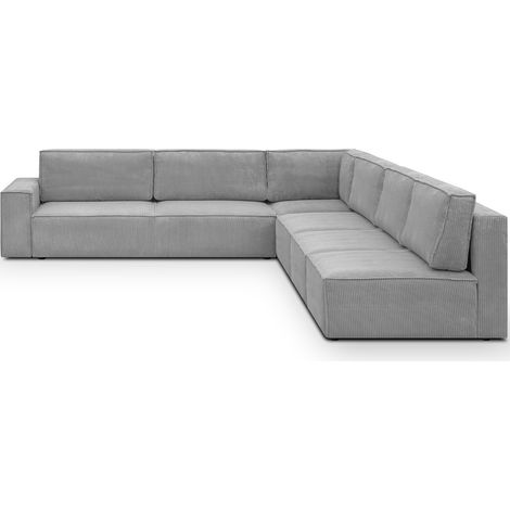 Canapé d'angle à droite convertible modulable 10 places avec coffre de rangement en velours côtelé gris clair - Harper Mod (1/5)