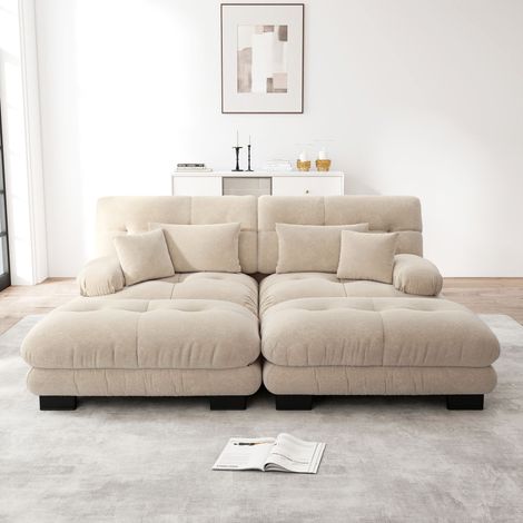 Canapé d’angle Cloud modulable 2 places en chenille beige clair, canapé avec 2 ottomans mobiles, coussins inclus, assise profonde et larges accoudoirs (1/5)