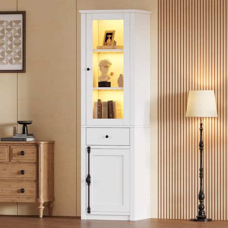 MEUBLIV Vitrina alta blanca 55x40x200 cm con LED, 1 cajón y 2 puertas (1/5)
