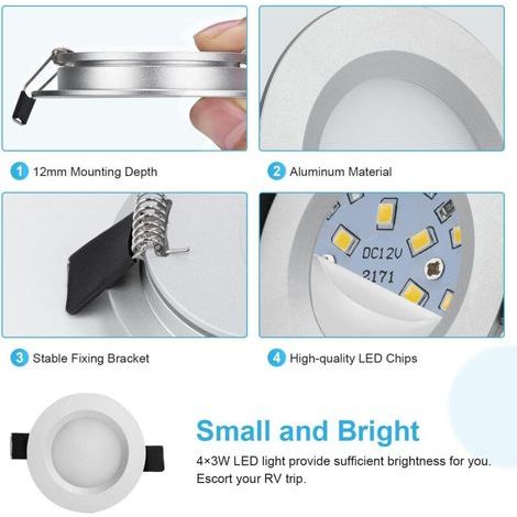LED encastré 12V trou 58 - 65mm 3W 6000k ip65 encastré plafonnier pour camping - car, bateau, caravane, Van, yacht, blanc froid (4pcs) (1/3)