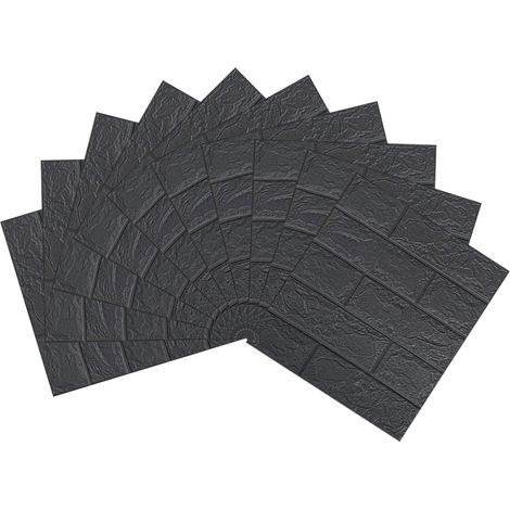 Lot de 10 stickers muraux 3D imitation brique - Noir - Hauteur 38,5 cm x Largeur 35 cm x Épaisseur 3 mm
