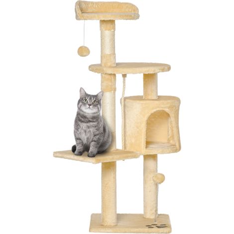 Katzenbaum für Wohnungskatzen, Aktivitätszentrum, Kletterbaum mit Spielzeug, 4 Ebenen, 114 cm hoch, Beige
