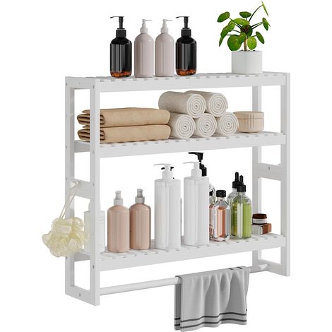 Étagère de Salle de Bain en Bambou, 15 x 59 x 54 cm (P x l x H), 3 Niveaux réglables flottants, Fixation Murale ou Support avec Barre, étagères Debout, Porte-Serviettes (Blanc) (1/5)