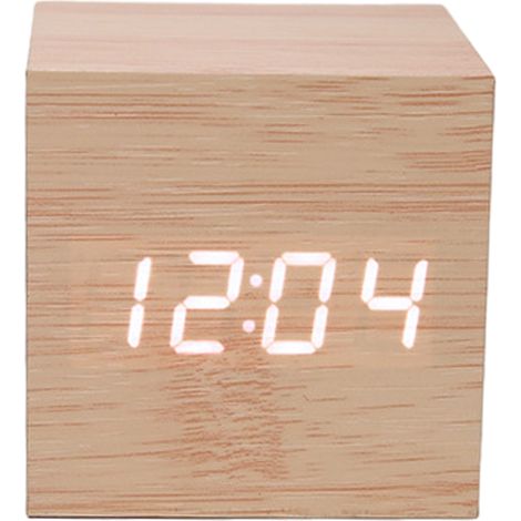 Horloge Numérique Carrée - Grains De Bois - Affichage Température - Alerte Sonore - Alimentation USB ou Piles - 6,3 cm - 1 Pièce