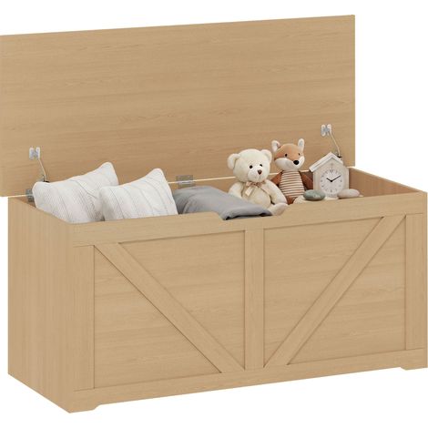 HOMCOM Storage Trunk for Living Room, with Safety Hinges, 100cm, Nature Wood (1/5)