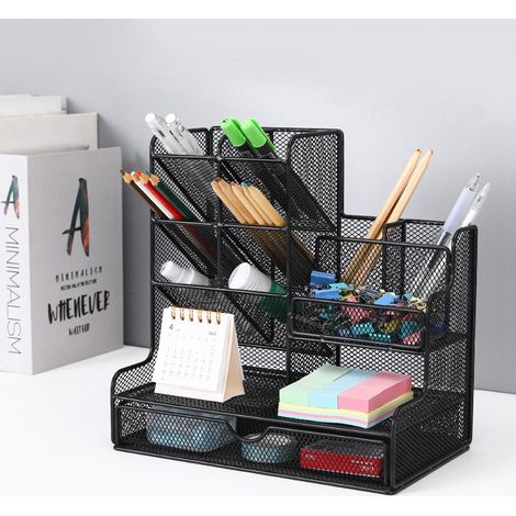 LaBlanc – Schreibtisch-Organizer aus Netzstoff, multifunktionaler Stifthalter mit Schublade, Aufbewahrungsregal für Schule, Zuhause, Büro, Zubehör (schwarz)