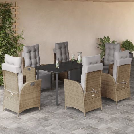 Salon de jardin 7 pièces avec coussins, 6 fauteuils inclinables, résine tressée, beige et noir - PANGIVO (1/5)