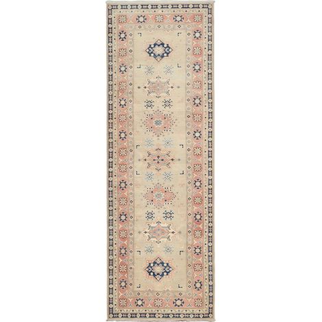 Tapis salon 84 x 245 cm, motif géométrique, beige, rose, bleu, en laine naturelle, chaleureux et artisanal (1/5)