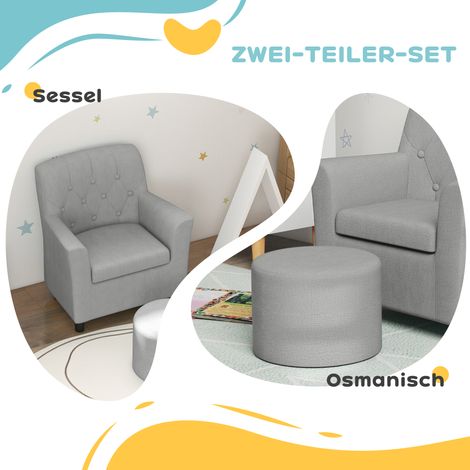 Kinderstuhl mit Fußstütze, rautenförmiger Rückenlehne, weichem Sitz, Holzrahmen, graue Farbe. (1/5)