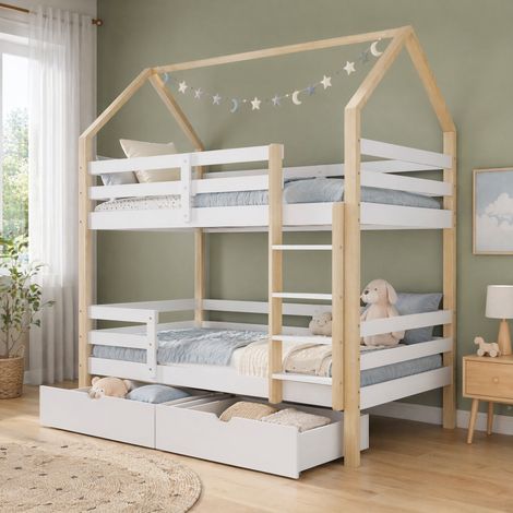Cama infantil casita de madera maciza blanco y roble 90x200 cm con somier y cajones de almacenaje (1/5)