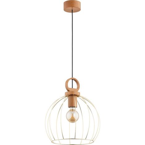 Alfa AVATAR Wooden Pendant Ceiling Lamp with Gold Metal Cage, 1x E27 (max 15W) Indoor IP20, Light Natural Wood Finish, 90 cm Height, 34 cm Diameter, Living Room Kitchen