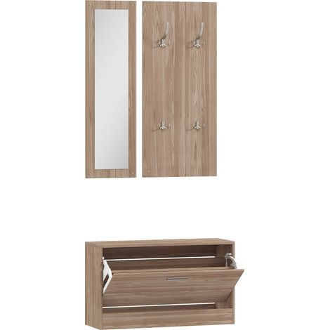 GagaSet meubles entree 3 pieces avec banc a chaussures porte-manteau mural et miroir bois 80x27x46.5 cm marron fonce (1/5)