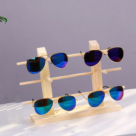 Présentoir de rangement en bois massif pour lunettes, support double rangée pour 6 paires, étagère de vitrine en pin pour magasin d'optique. (1/3)
