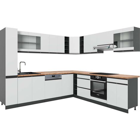 Cocina esquinera R-Line, Blanco/antracita, 257 x 277 cm J-Shape, ET Roble, Vicco