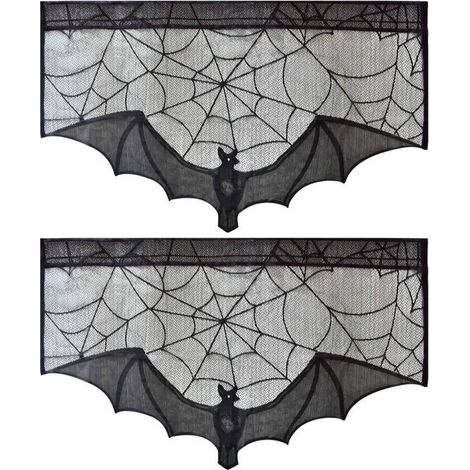 Rideaux Halloween, modèle chauve souris toile d'araignée, couleur noire, décoration intérieure extérieure fête Halloween (1/5)