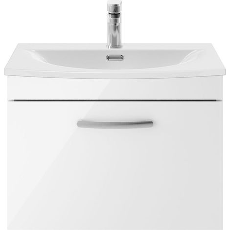 Millwich Contemporary 1 Drawer Wall Hung Vanity Unit with Curved Basin, Gloss White, 600mm