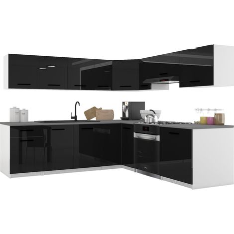 Belini ITALIA 7 Küche Ausgestattet Modular Komplett - 420 cm. Ober- und Unterschränke mit Arbeitsplatte, Schwarz Hochglanz (1/5)