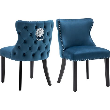 Sillas de Comedor 2Pcs en Terciopelo Tapizado Sillas de Ocio con Patas de Madera para Cocina Salón Restaurante, Azul, Wahson